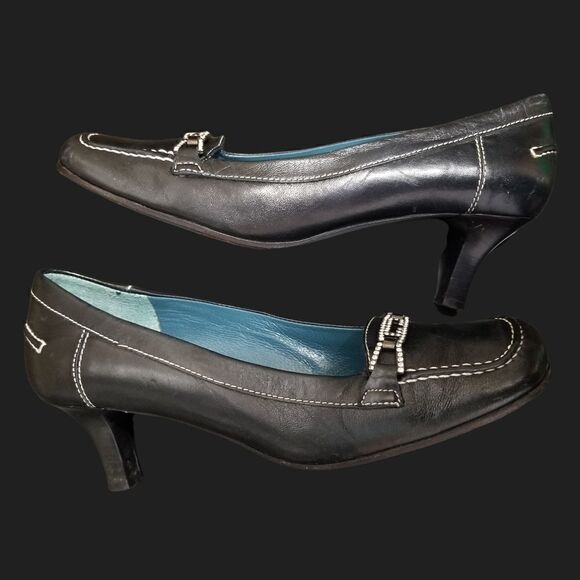 ⭐️ Via Spiga Italian Leather Kitten Heel Loafers w/ Crystal Horsebit sz 6.5M Blk - Picture 4 of 14
